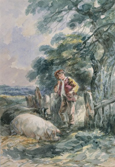Esquisse de paysage, avec un garçon et deux cochons - John Barker